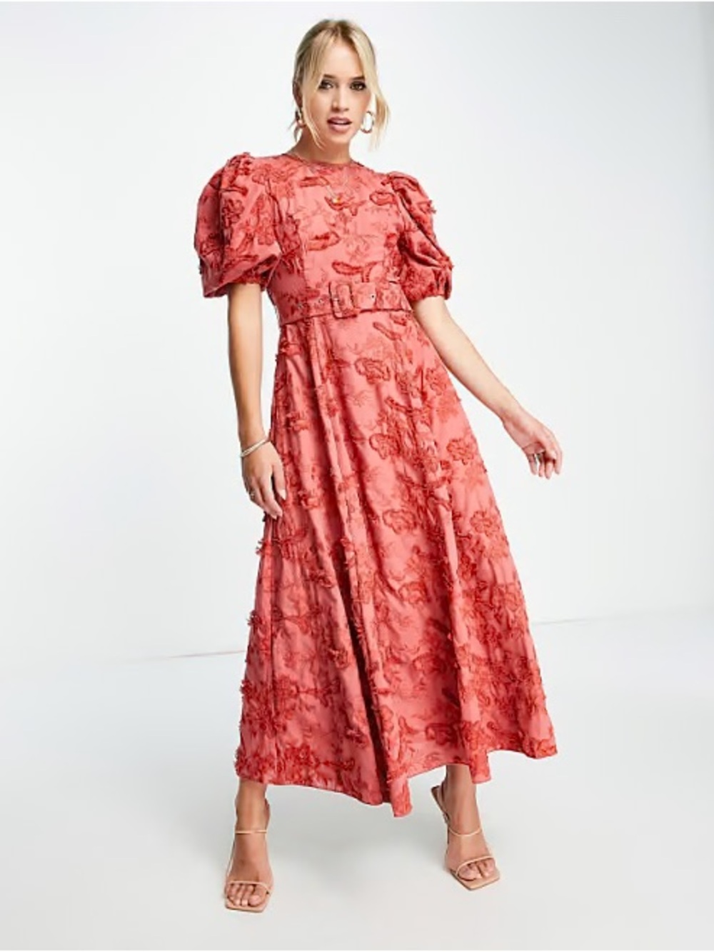 ASOS Burnt Coral Maxi Dress with Puff Sleeves and Belt